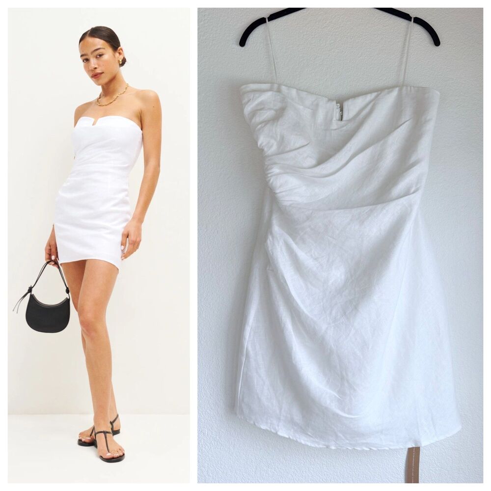 NWT Reformation Abeni Strapless Ruched 100% Linen Mini Dress in White Size 12